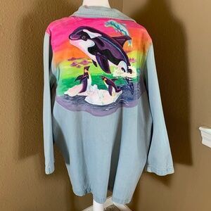 Vintage Hand Painted Denim Jacket Large Dolphin Penguin Art 90s